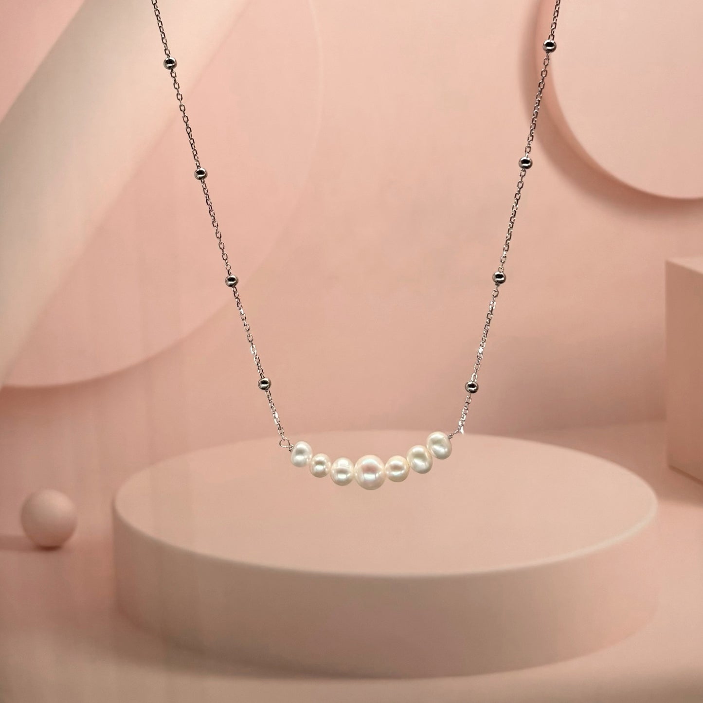“Elegance Curve Pearl Necklace in Italian 92.5 Silver”