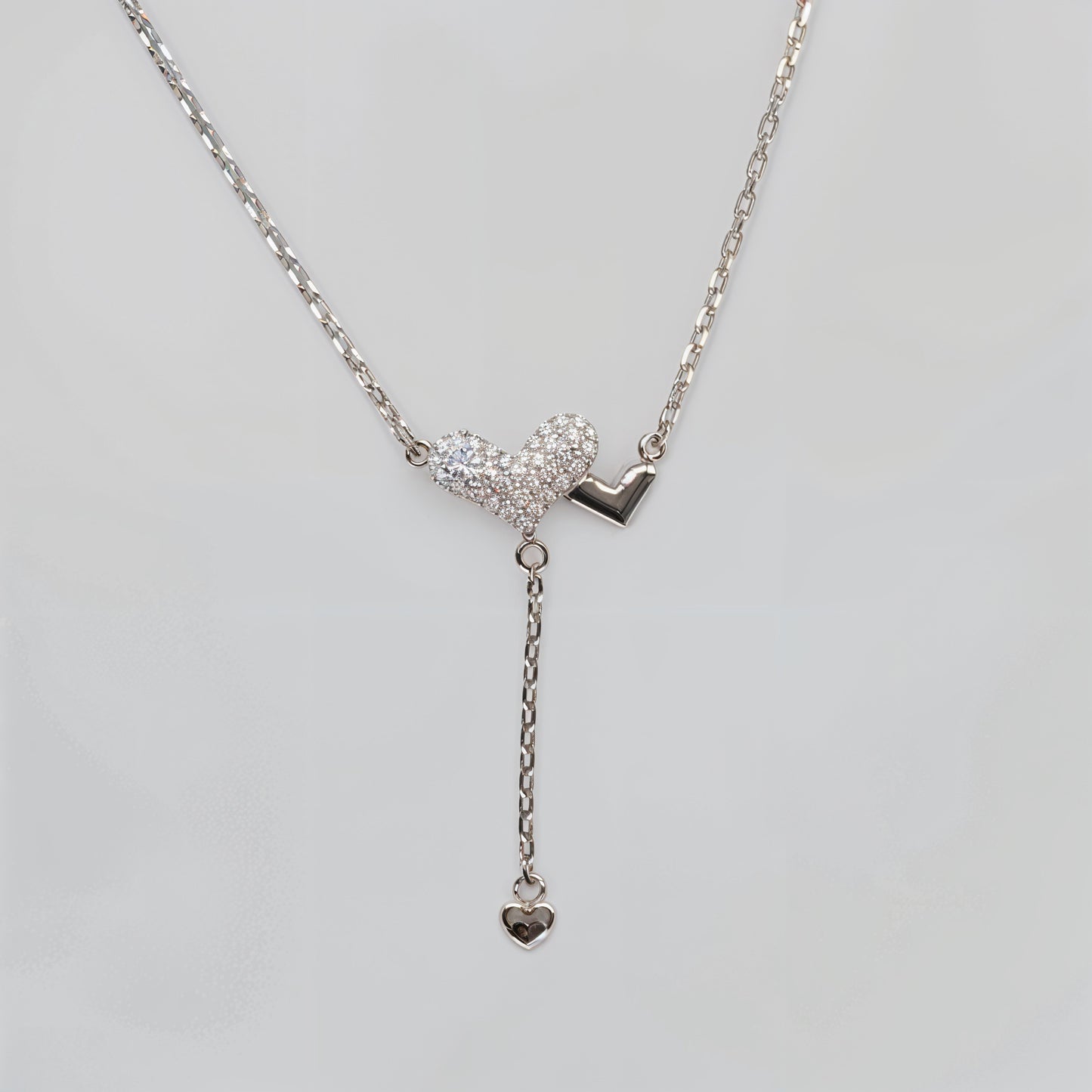 Double Heart Drop Necklace in Italian 92.5 Silver