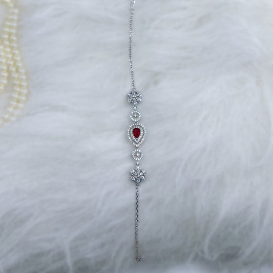 Elegant Ruby Teardrop & Floral CZ Bracelet in Italian 92.5 Silver