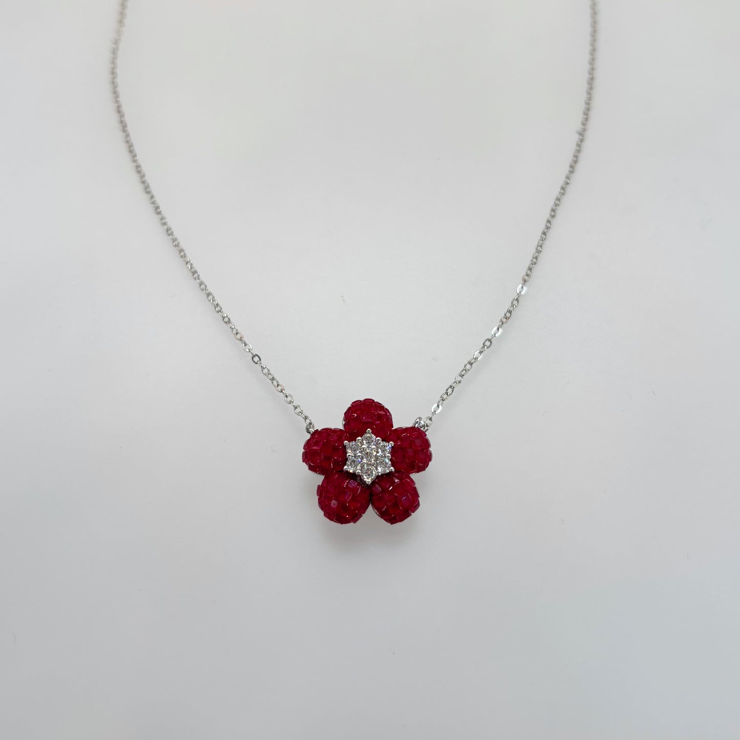 Royal Ruby Blossom Necklace in Italian 92.5 Silver