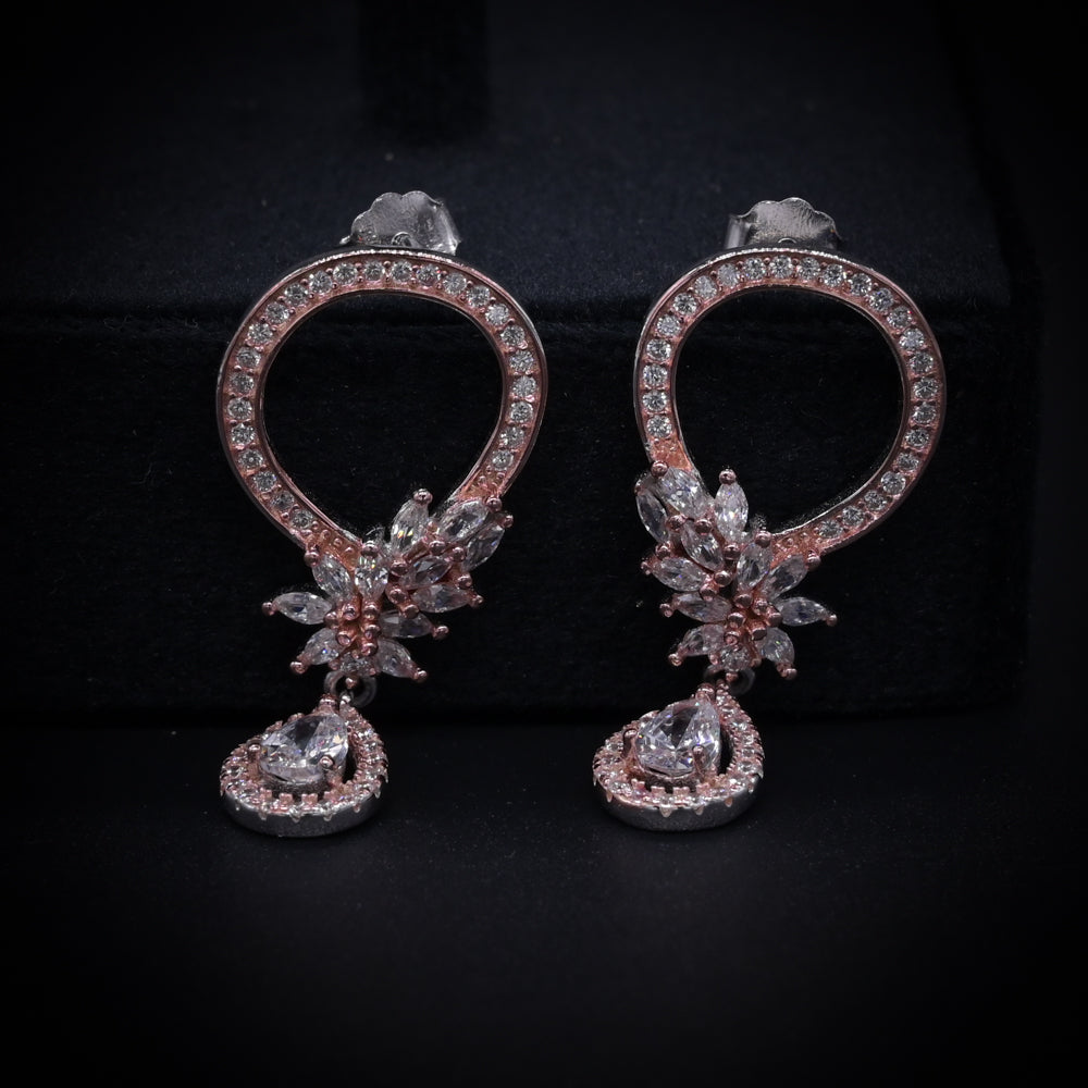 “Eternal Bloom Rose Gold Drop Earrings – Italian 92.5 Silver with Pear-Cut CZ Elegance”