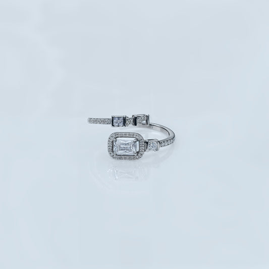 “Regal Emerald-Cut Halo Adjustable Ring – Italian 92.5 Silver Elegance”
