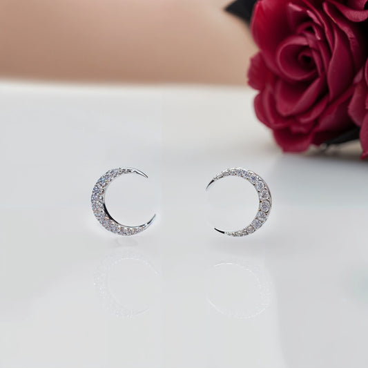 Celestial Crescent CZ Studs in Italian 92.5 Sterling Silver
