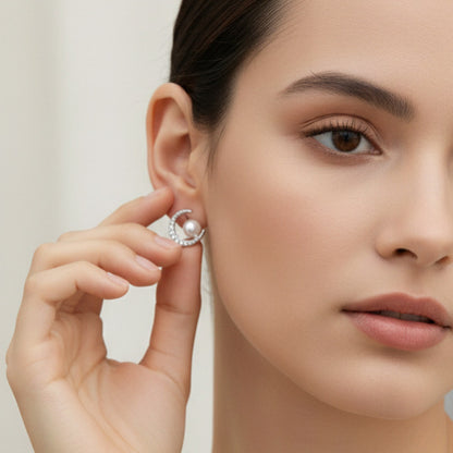 “Celestial Pearl Crescent Earrings in Italian 92.5 Silver”