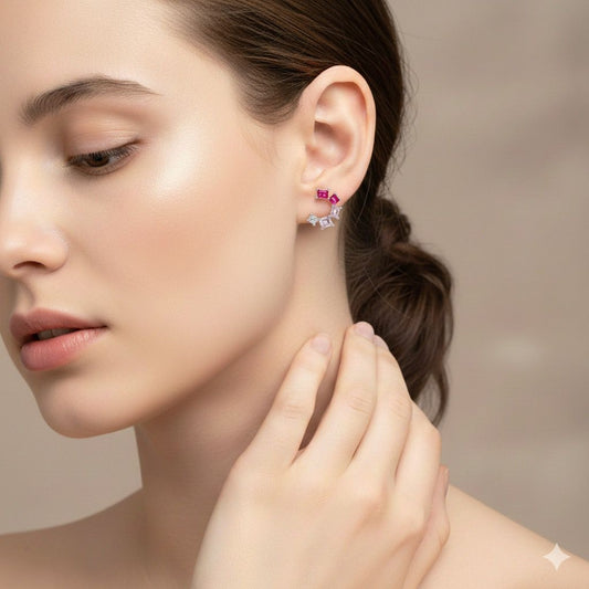 “Radiant Pink Aura Cascading CZ Cluster Earrings in Italian 92.5 Silver”