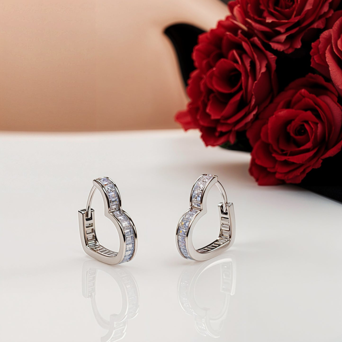 “Radiant Baguette Heart Hoop Earrings in Italian 92.5 Silver”