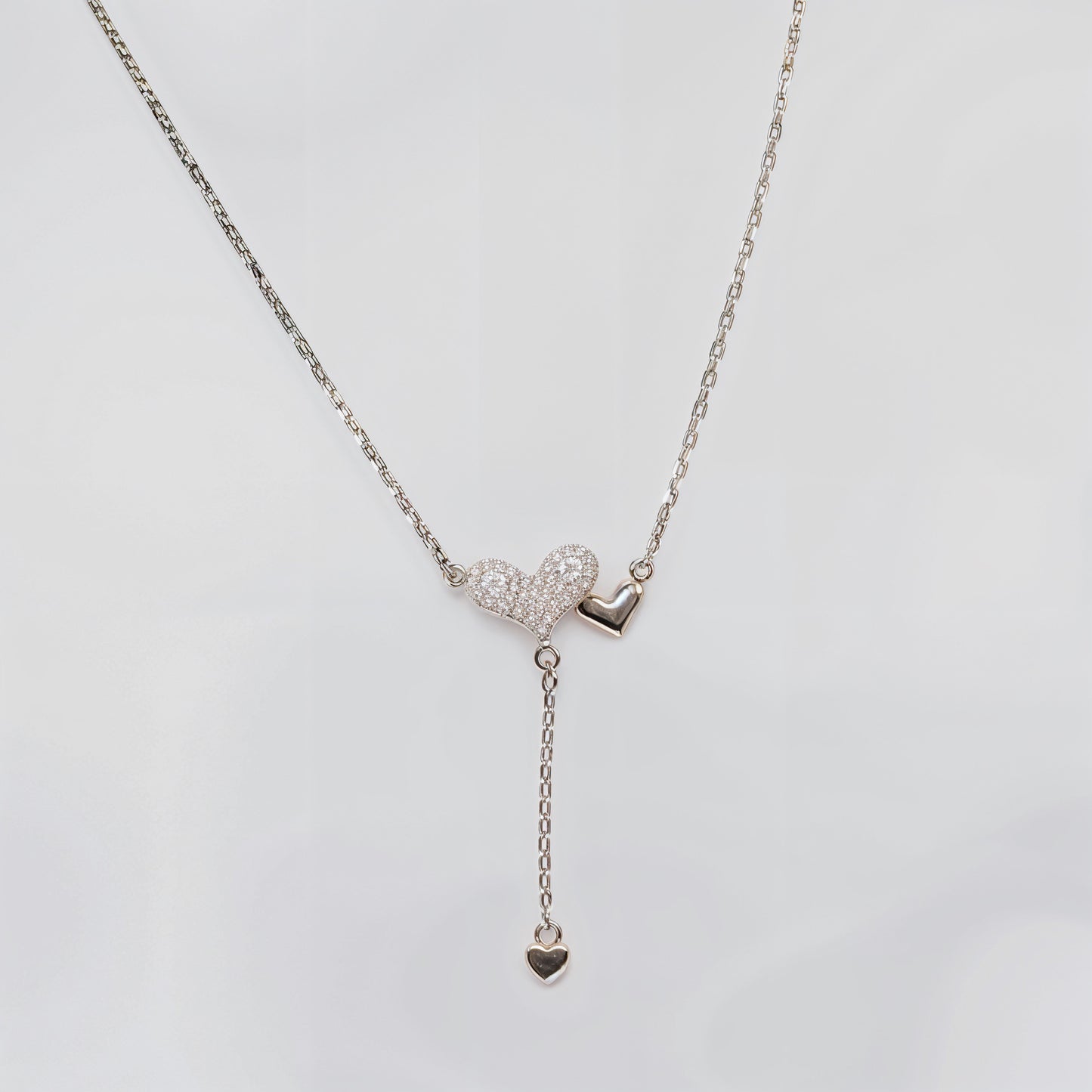 Double Heart Drop Necklace in Italian 92.5 Silver