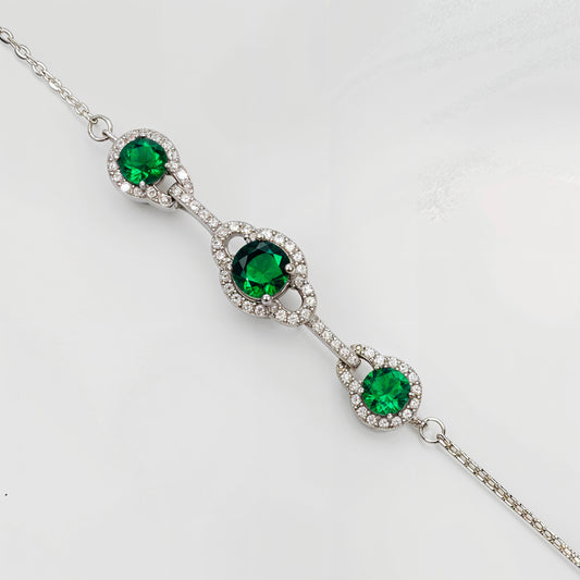 Elegant Green Triple CZ Halo Bracelet in Italian 92.5 Silver