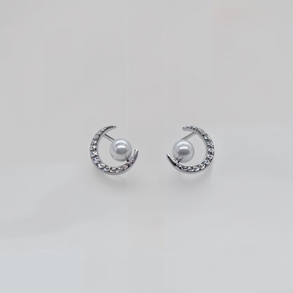 “Celestial Pearl Crescent Earrings in Italian 92.5 Silver”