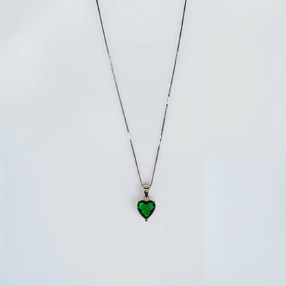 Green Heart Solitaire Necklace in Italian 92.5 Silver