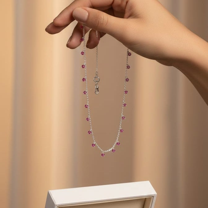 Pink CZ Dangling Charm Necklace in Italian 92.5 Silver