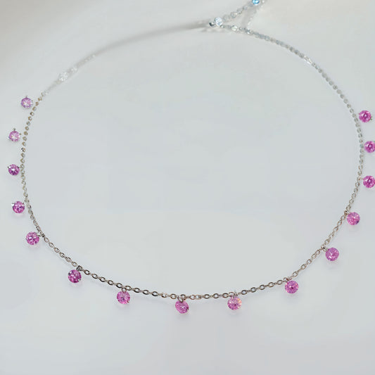 Pink CZ Dangling Charm Necklace in Italian 92.5 Silver