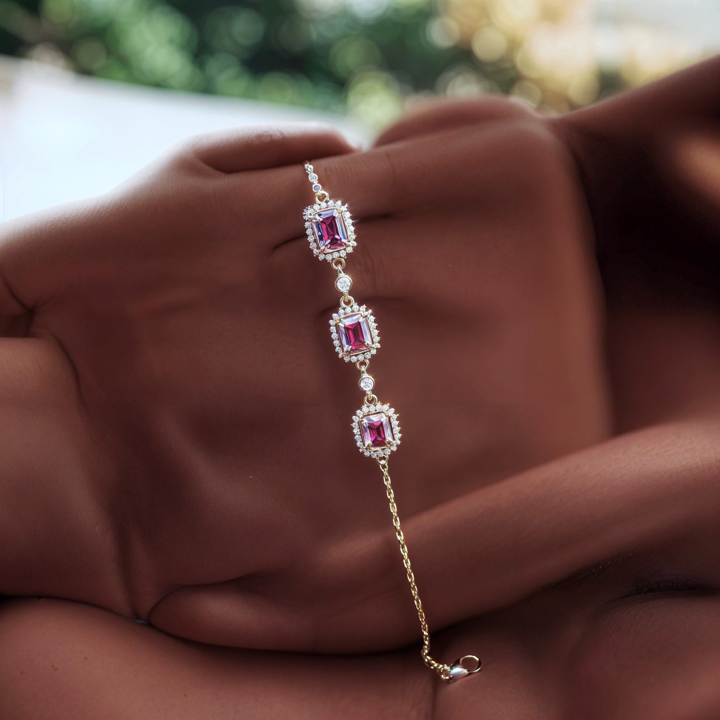 Royal Ruby Empress Triple Halo Bracelet in Italian 92.5 Silver