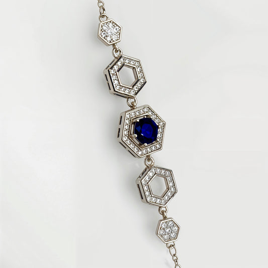 Royal Blue Hexagon Halo Bracelet in Italian 92.5 Silver