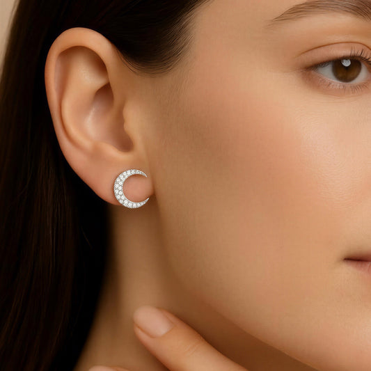 Celestial Crescent CZ Studs in Italian 92.5 Sterling Silver