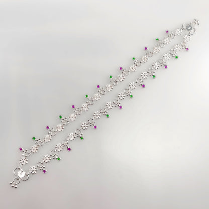 Floral Silver Payal with Green & Pink Stone Accents