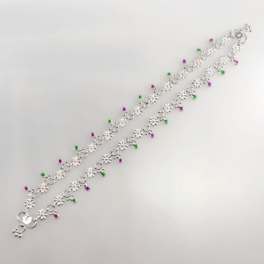 Floral Silver Payal with Green & Pink Stone Accents