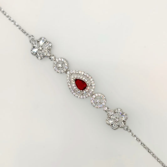 Elegant Ruby Teardrop & Floral CZ Bracelet in Italian 92.5 Silver
