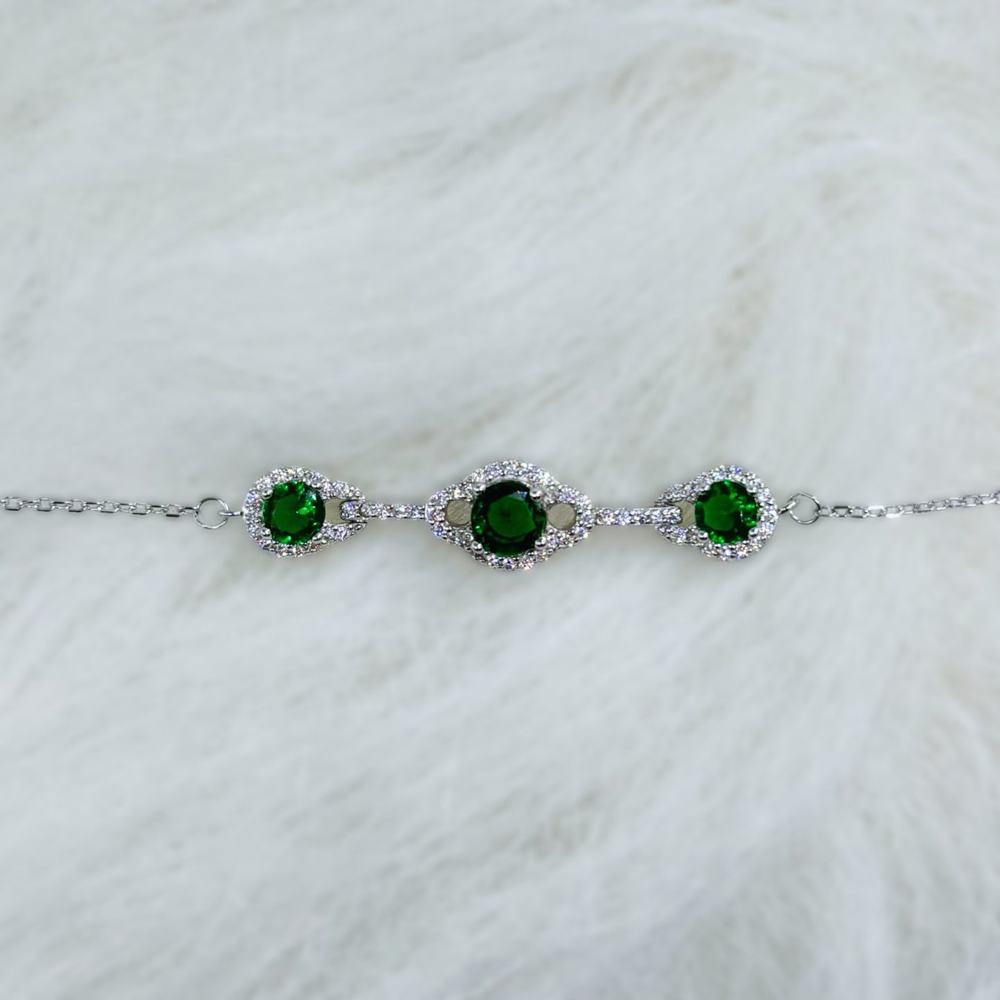 Elegant Green Triple CZ Halo Bracelet in Italian 92.5 Silver