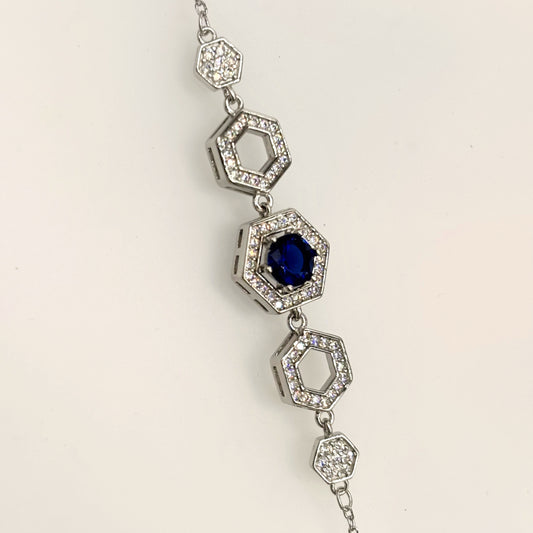 Royal Blue Hexagon Halo Bracelet in Italian 92.5 Silver