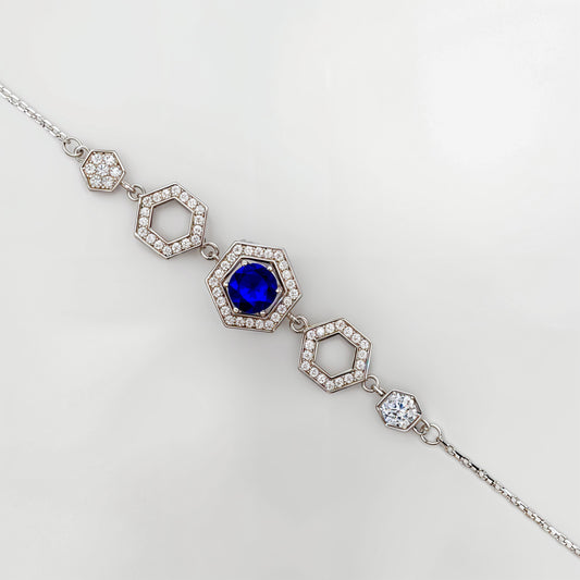 Royal Blue Hexagon Halo Bracelet in Italian 92.5 Silver