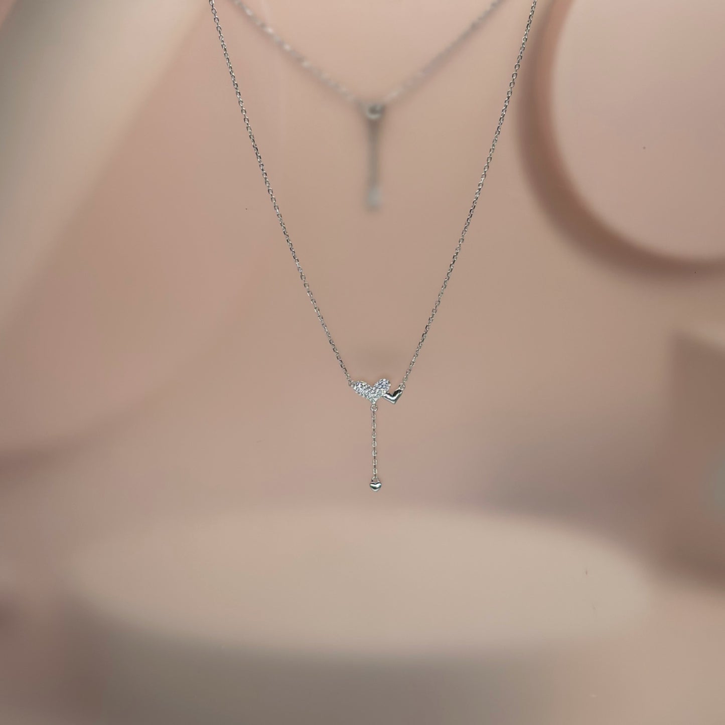 Double Heart Drop Necklace in Italian 92.5 Silver