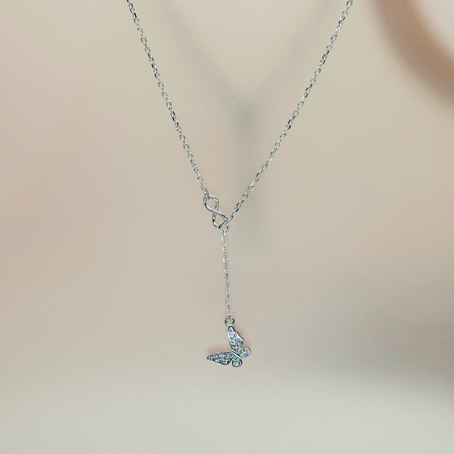 Butterfly & Infinity Drop Necklace in Italian 92.5 Silver