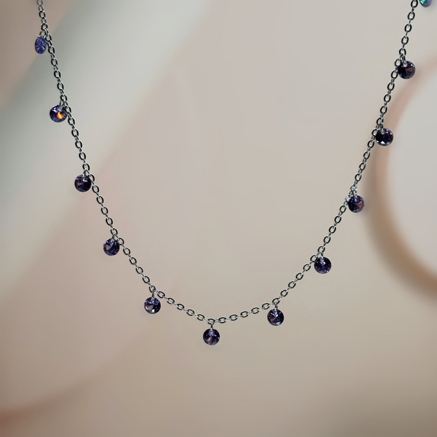 Purple CZ Dangling Charm Necklace in Italian 92.5 Silver