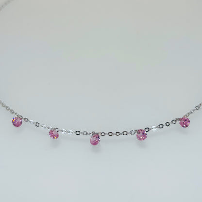 Pink CZ Dangling Charm Necklace in Italian 92.5 Silver