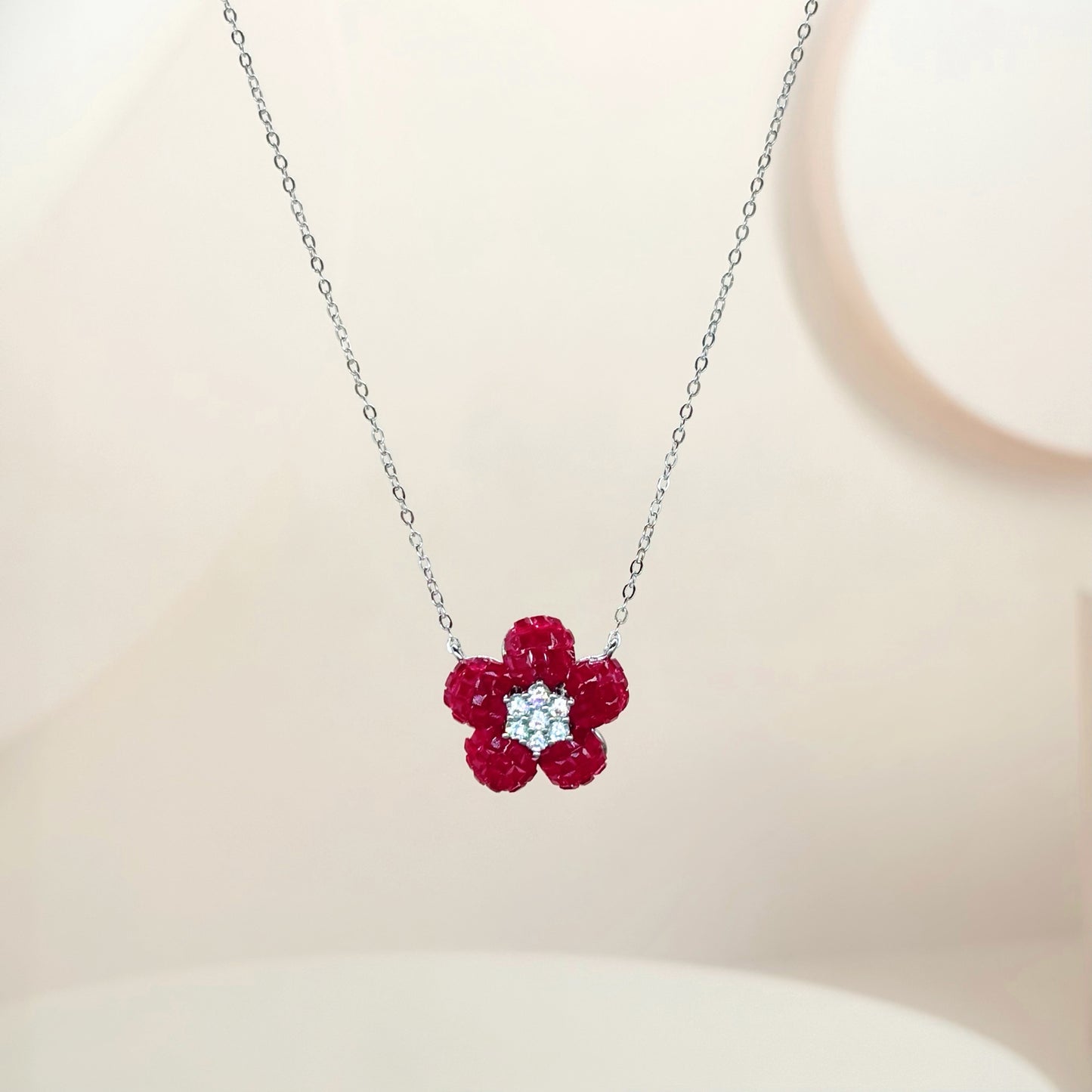 Royal Ruby Blossom Necklace in Italian 92.5 Silver