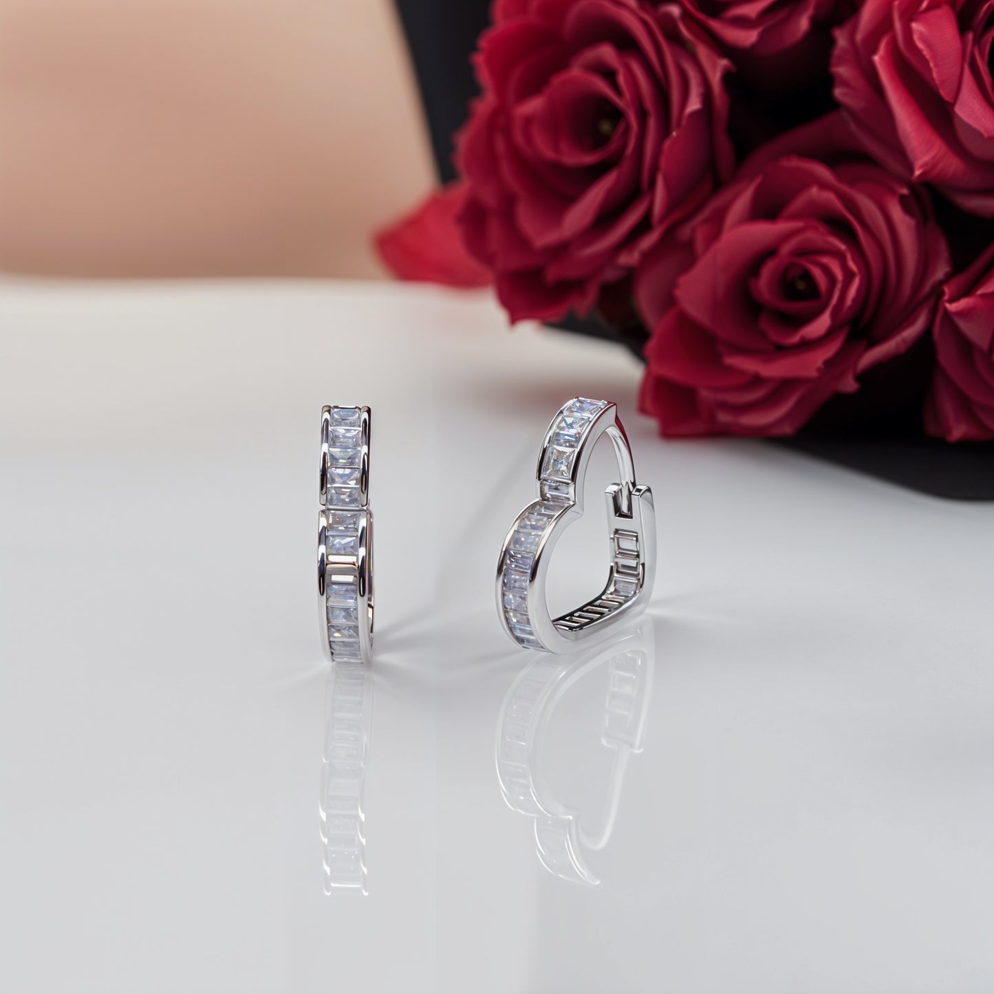 “Radiant Baguette Heart Hoop Earrings in Italian 92.5 Silver”