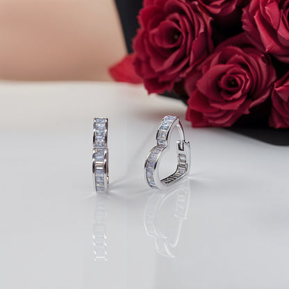 “Radiant Baguette Heart Hoop Earrings in Italian 92.5 Silver”