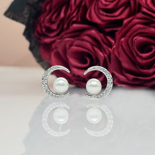 “Celestial Pearl Crescent Earrings in Italian 92.5 Silver”