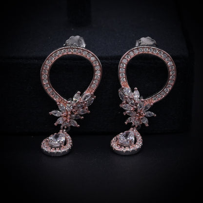 “Eternal Bloom Rose Gold Drop Earrings – Italian 92.5 Silver with Pear-Cut CZ Elegance”