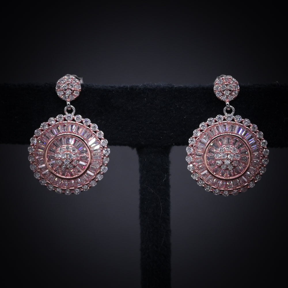 “Royal Radiance Rose Gold Halo Earrings – Italian 92.5 Silver with Baguette CZ Brilliance”