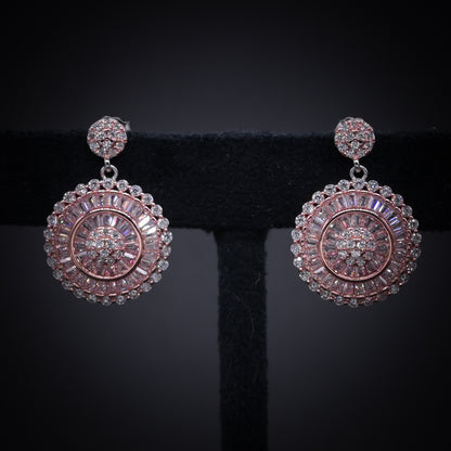 “Royal Radiance Rose Gold Halo Earrings – Italian 92.5 Silver with Baguette CZ Brilliance”