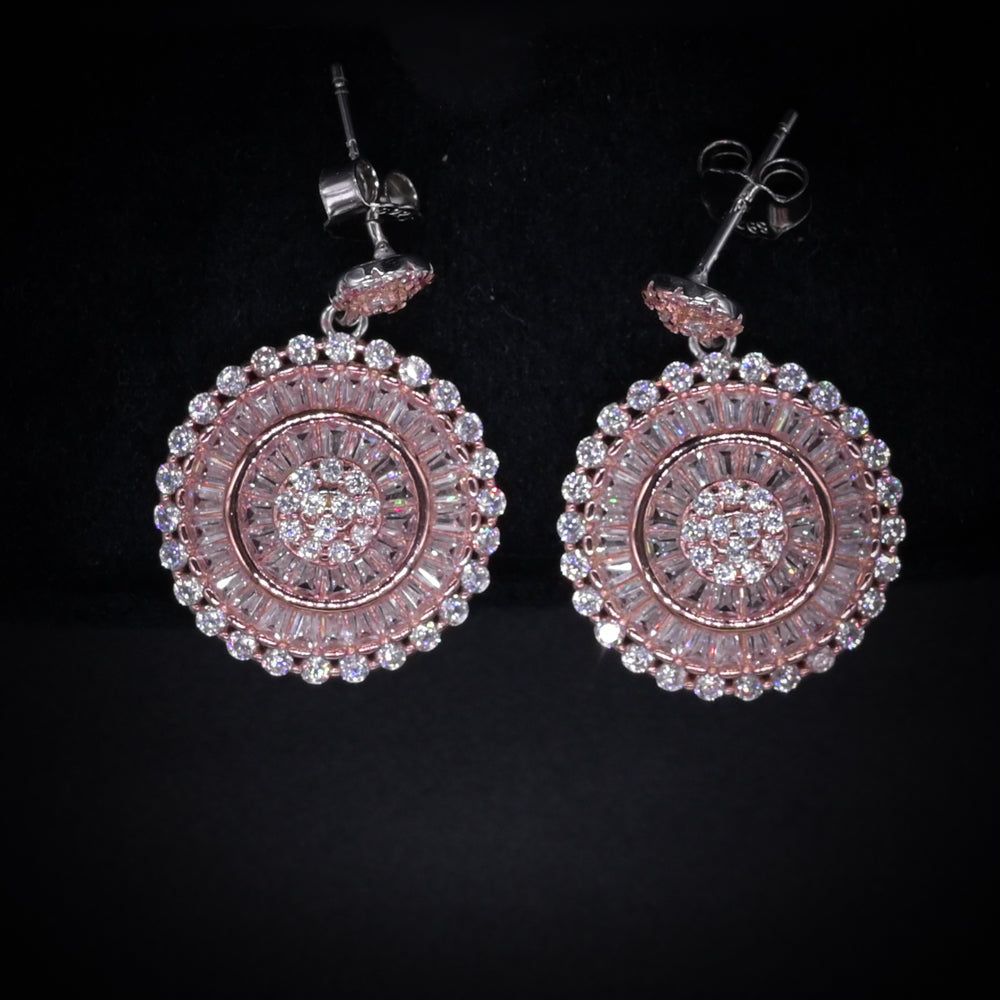 “Royal Radiance Rose Gold Halo Earrings – Italian 92.5 Silver with Baguette CZ Brilliance”