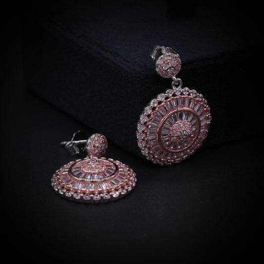 “Royal Radiance Rose Gold Halo Earrings – Italian 92.5 Silver with Baguette CZ Brilliance”