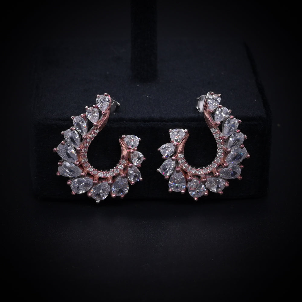 “Royal Aurora Rose Gold Crescent Earrings – Italian 92.5 Silver with Pear-Cut CZ Brilliance”
