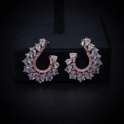 “Royal Aurora Rose Gold Crescent Earrings – Italian 92.5 Silver with Pear-Cut CZ Brilliance”