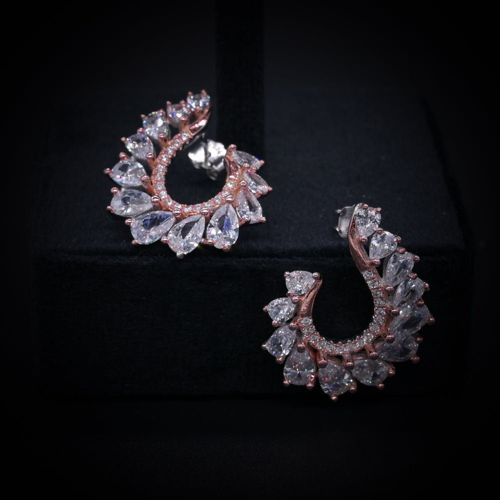 “Royal Aurora Rose Gold Crescent Earrings – Italian 92.5 Silver with Pear-Cut CZ Brilliance”