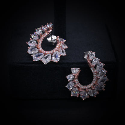 “Royal Aurora Rose Gold Crescent Earrings – Italian 92.5 Silver with Pear-Cut CZ Brilliance”