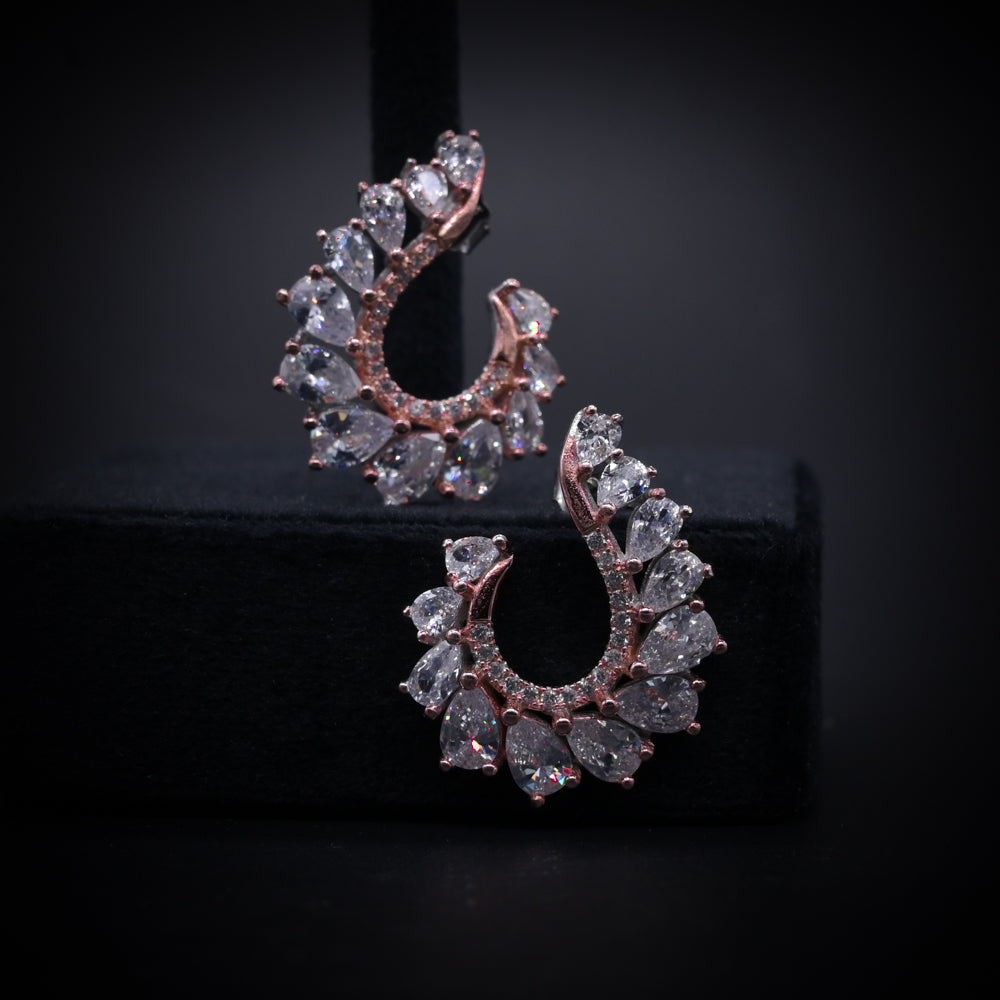 “Royal Aurora Rose Gold Crescent Earrings – Italian 92.5 Silver with Pear-Cut CZ Brilliance”