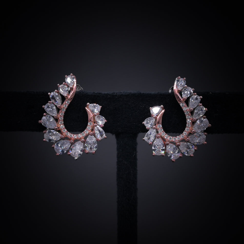 “Royal Aurora Rose Gold Crescent Earrings – Italian 92.5 Silver with Pear-Cut CZ Brilliance”