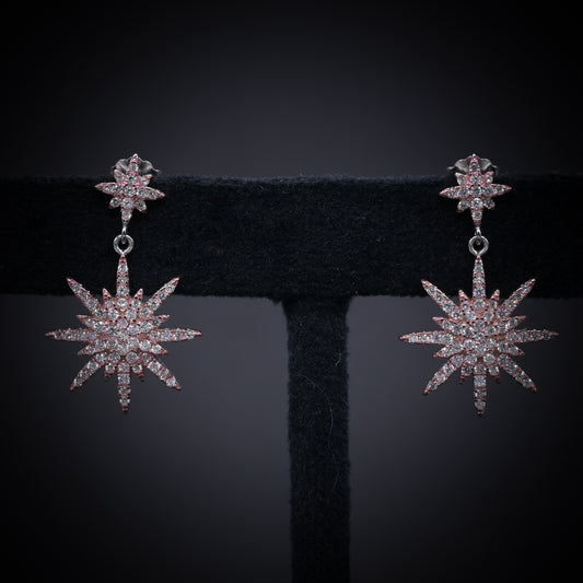 “Celestial Starburst Elegance Earrings – Italian 92.5 Silver with CZ Radiance in Rose Gold Finish”