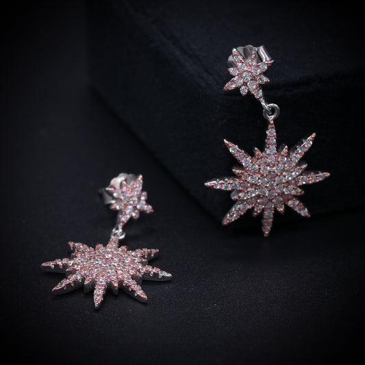 “Celestial Starburst Elegance Earrings – Italian 92.5 Silver with CZ Radiance in Rose Gold Finish”