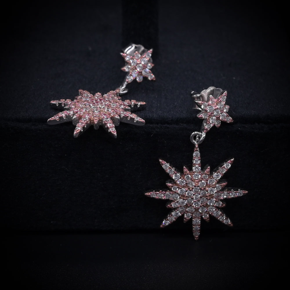 “Celestial Starburst Elegance Earrings – Italian 92.5 Silver with CZ Radiance in Rose Gold Finish”