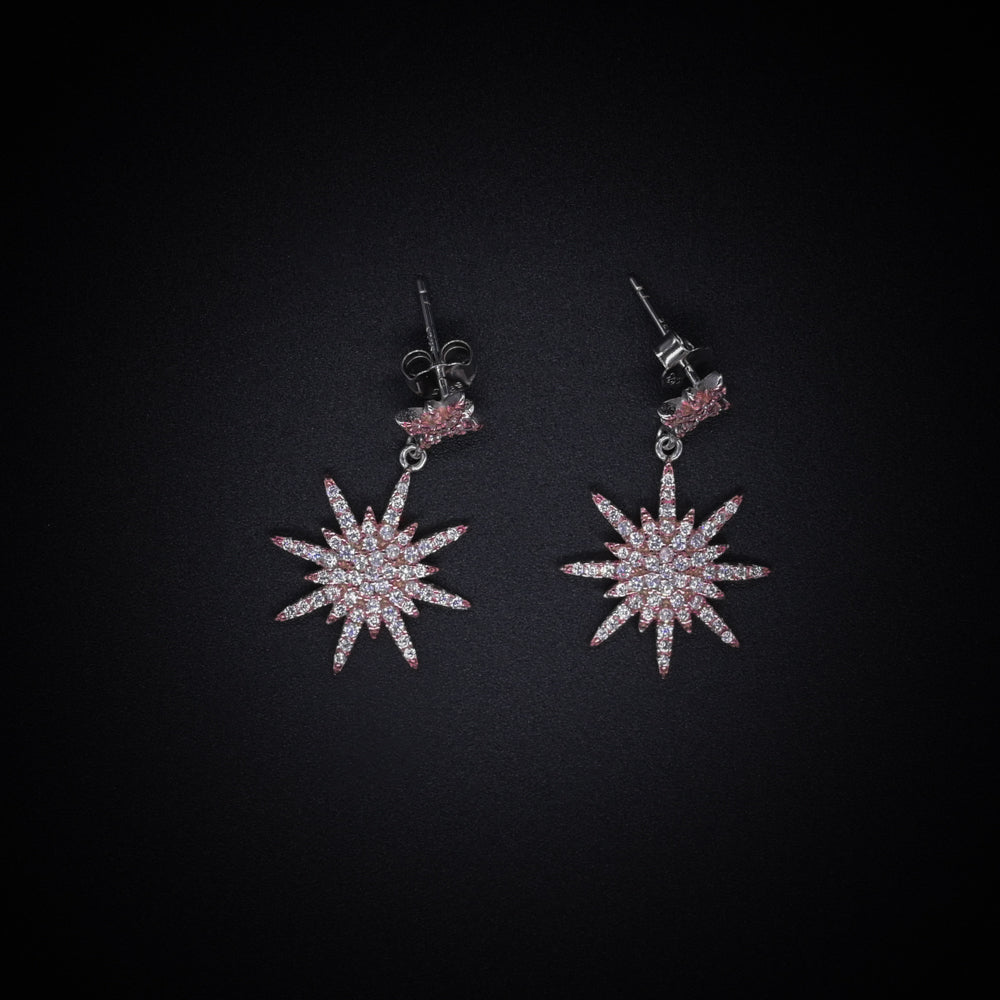 “Celestial Starburst Elegance Earrings – Italian 92.5 Silver with CZ Radiance in Rose Gold Finish”