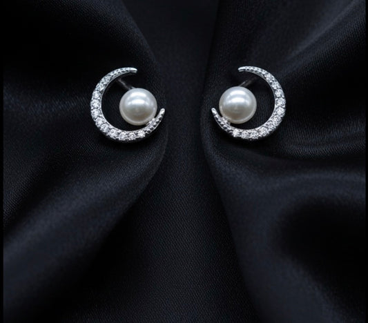 “Celestial Pearl Crescent Earrings in Italian 92.5 Silver”