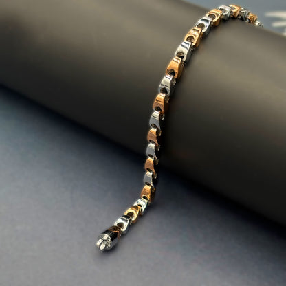 ✨ Dual Tone Curve Link Premium Men’s Bracelet – Italian 92.5 Sterling Silver | Rose Gold Rhodium Finish